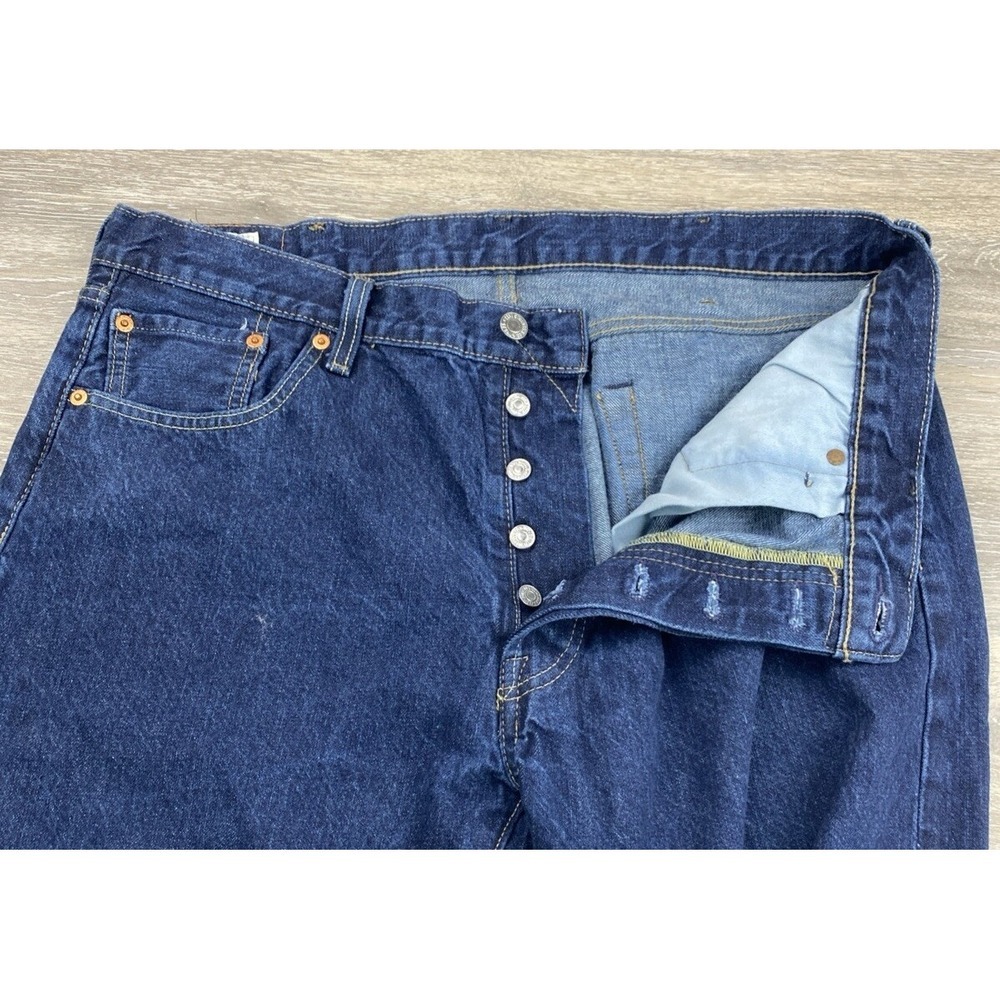 Levi's 501 Straight Leg Jeans Mens Size 38X34 Blue Denim Dark Wash Leather Patch - Picture 11 of 16